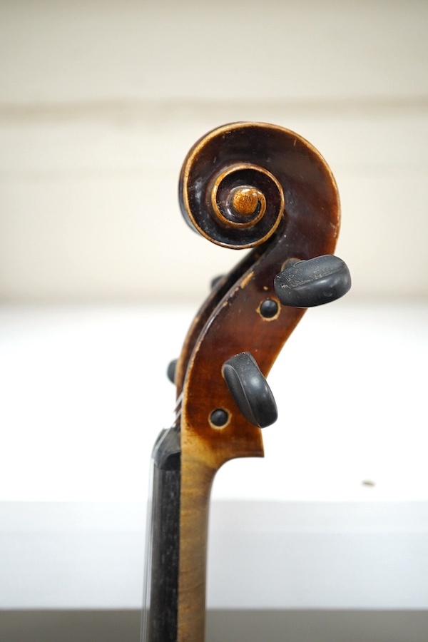 A cased violin, possibly Czech, body 36cm. Condition - fair